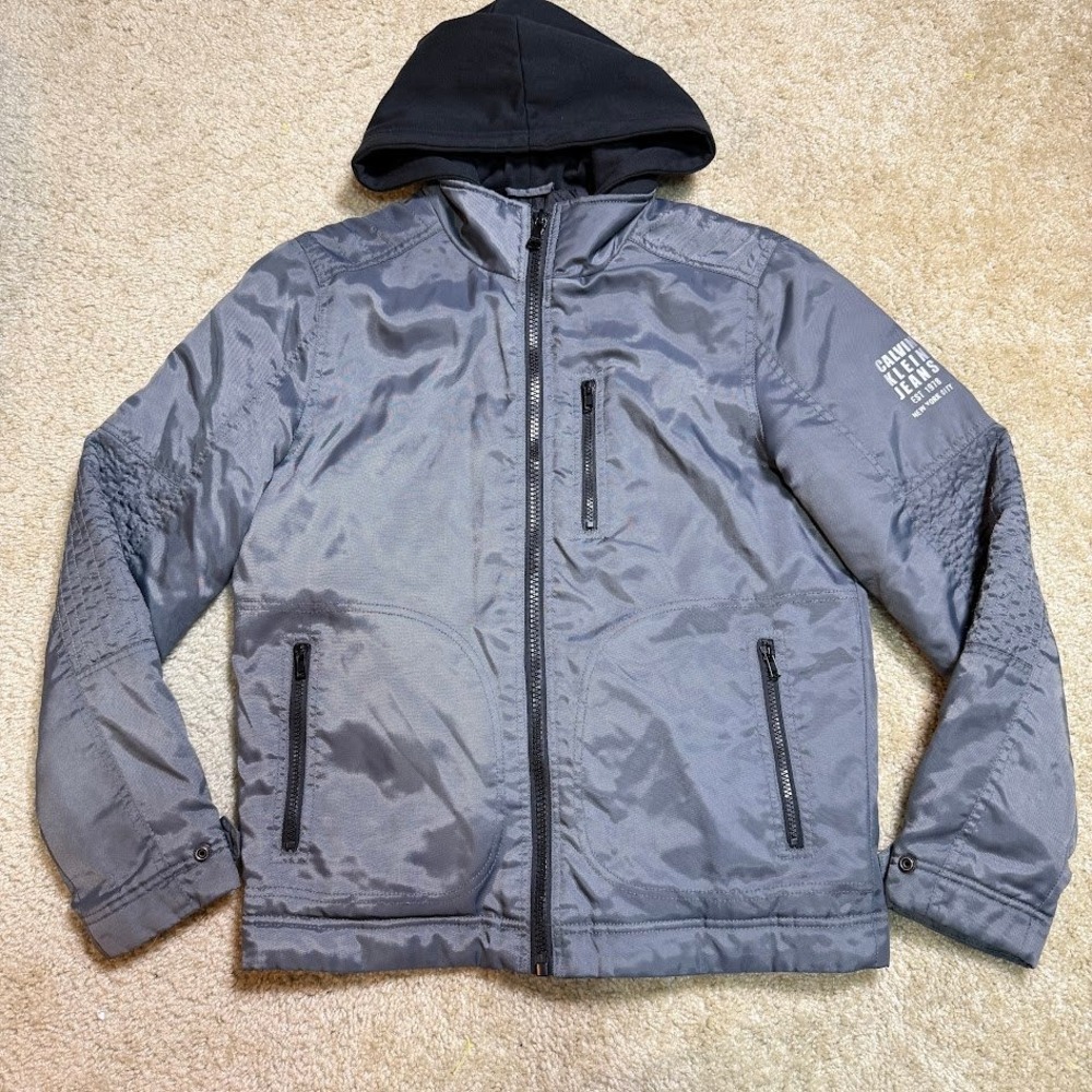 Calvin Klein Jeans Mens Gray Hooded Bomber Jacket Quilted Moto Sleeve Small